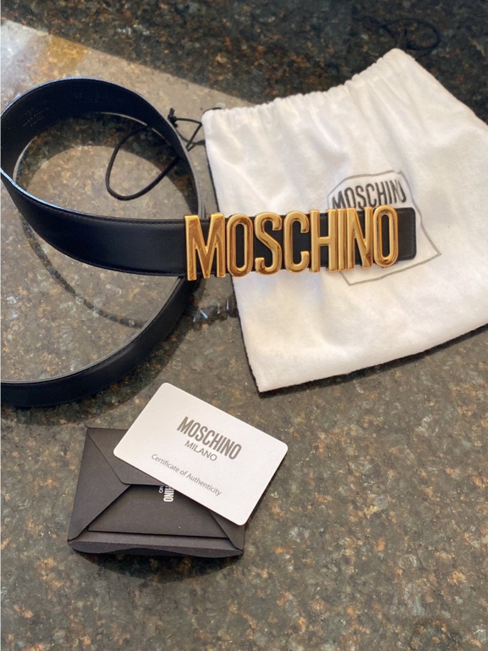 Moschino Black Leather Belt with Gold MOSCHINO Lettering Buckle